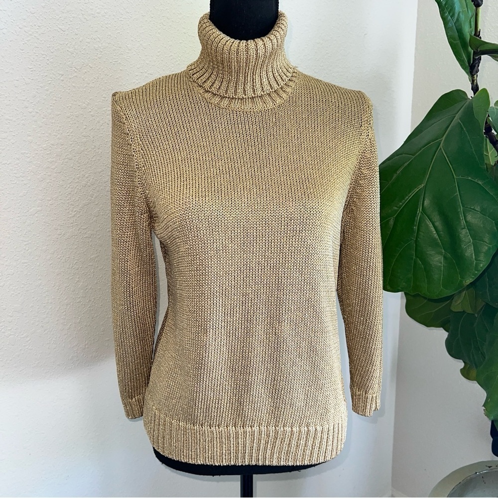 Ralph Lauren Petite Women’s Gold Metallic Fiber Turtleneck 3/4 Sleeve Sweater L